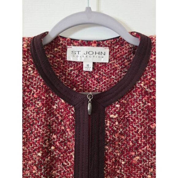 ST. JOHN Claret Red Black Tweed Boucle Wool Blend Knit Zip Front Jacket 10 - Picture 2 of 10